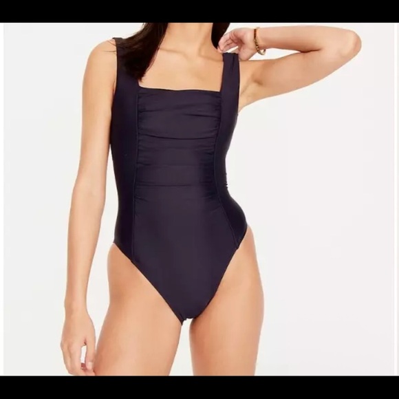 J Crew Plus Size 24 Black Ruched Squarenck One Piece Swimsuit NWT Classic Staple - Picture 2 of 6